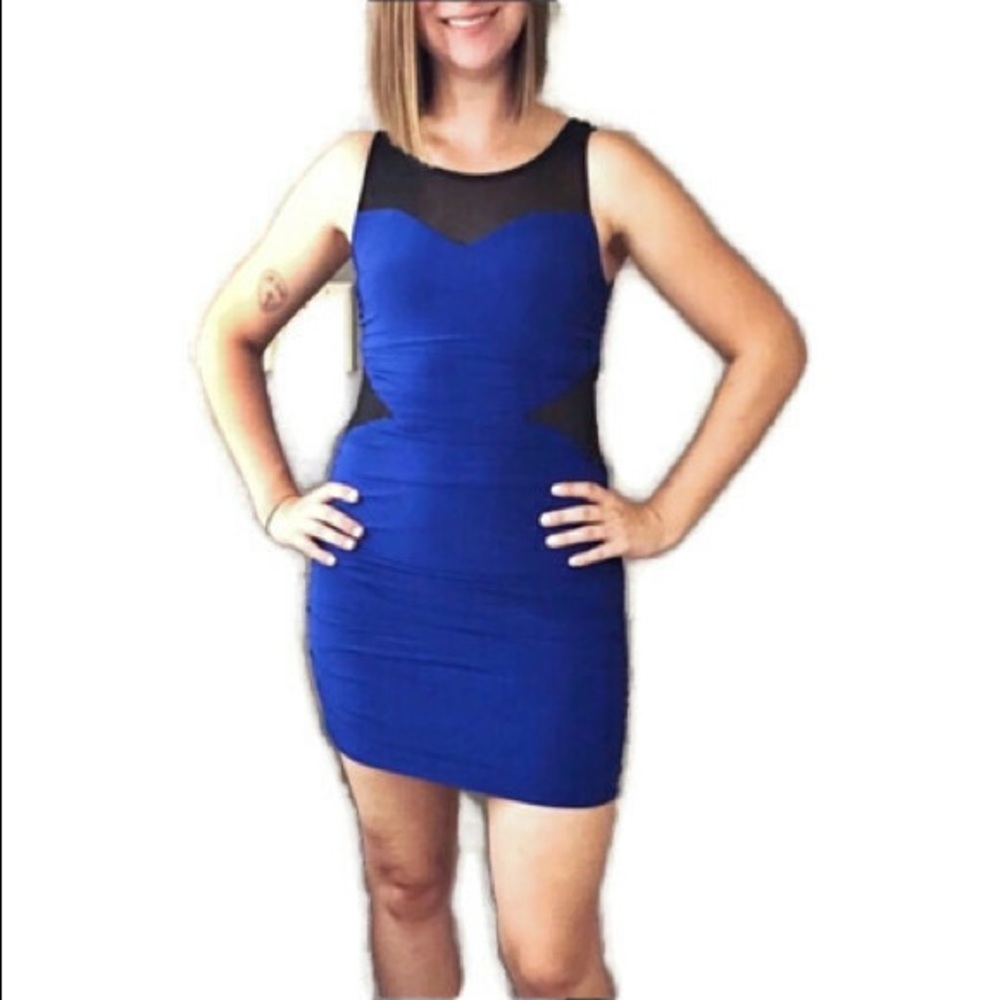 Joyce Leslie blue bodycon dress black mesh cutouts
